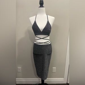 Two-piece sparkly grey set.